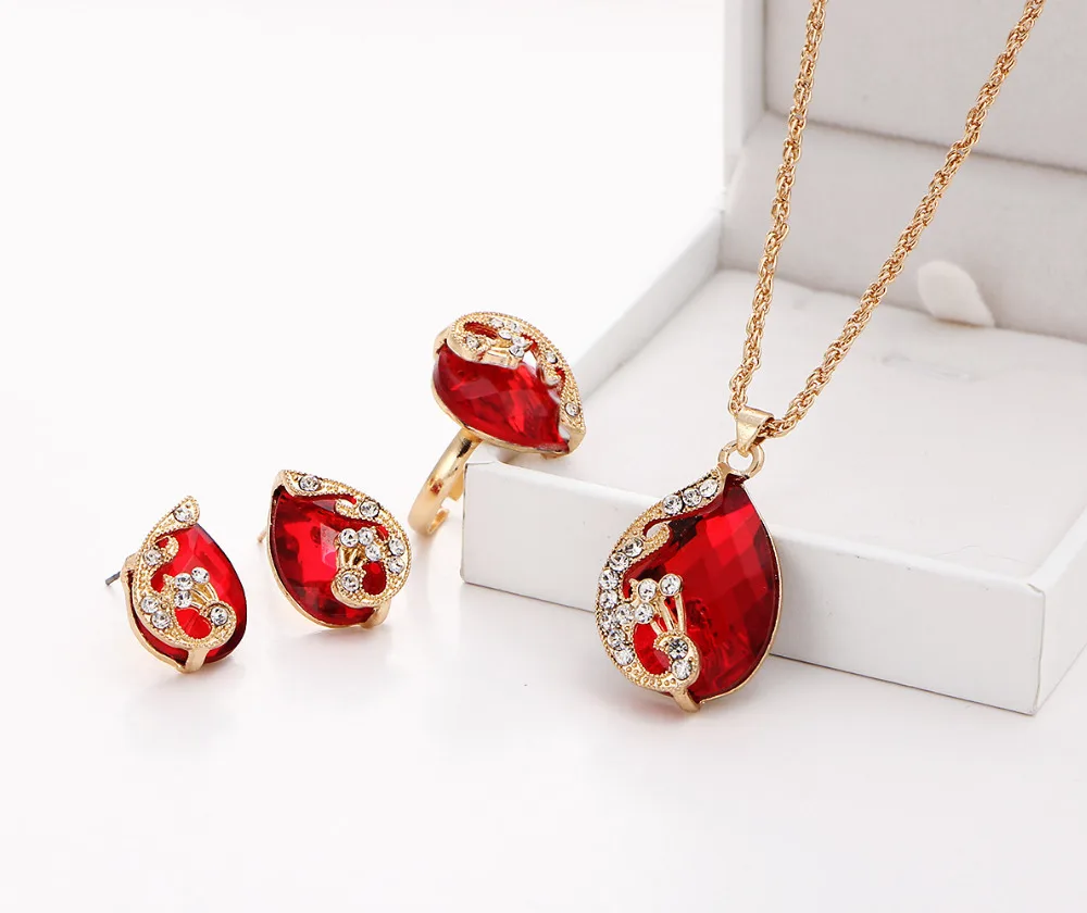 Комплект из колье серёг и кольца с кристаллами|necklace earring ring sets|peacock jewelry setsearrings set |