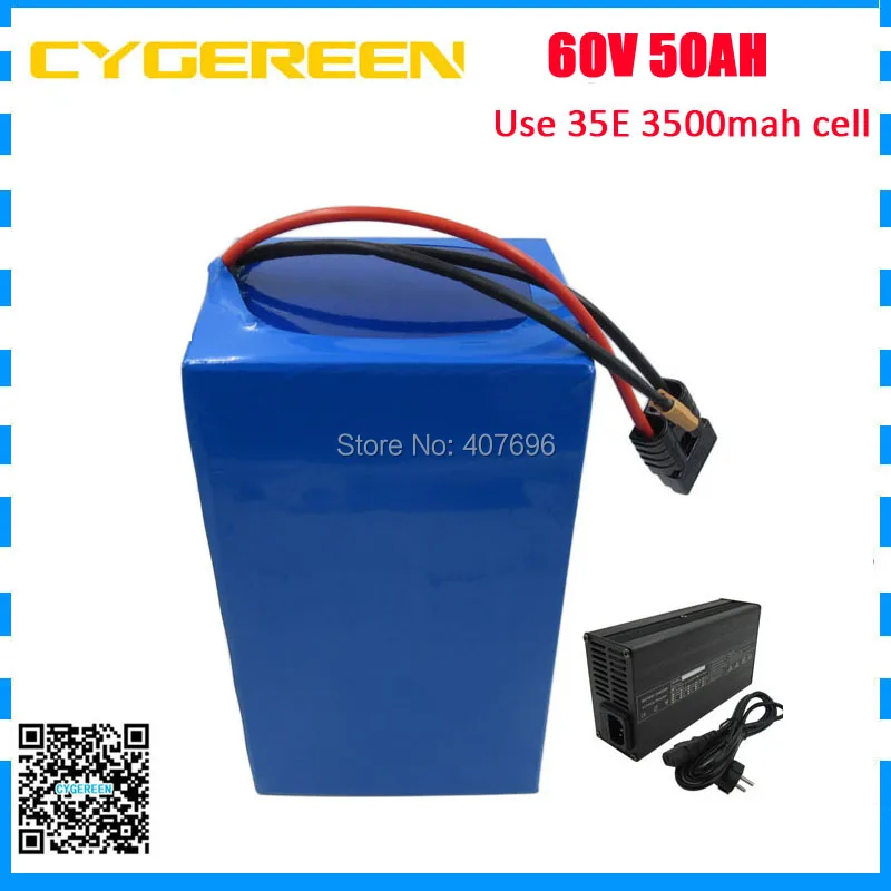 Таможенная плата 60V 50AH литиевая батарея 60V ebike аккумулятор для samsung 3500mah 18650 cell 50A BMS с 5А зарядным устройством