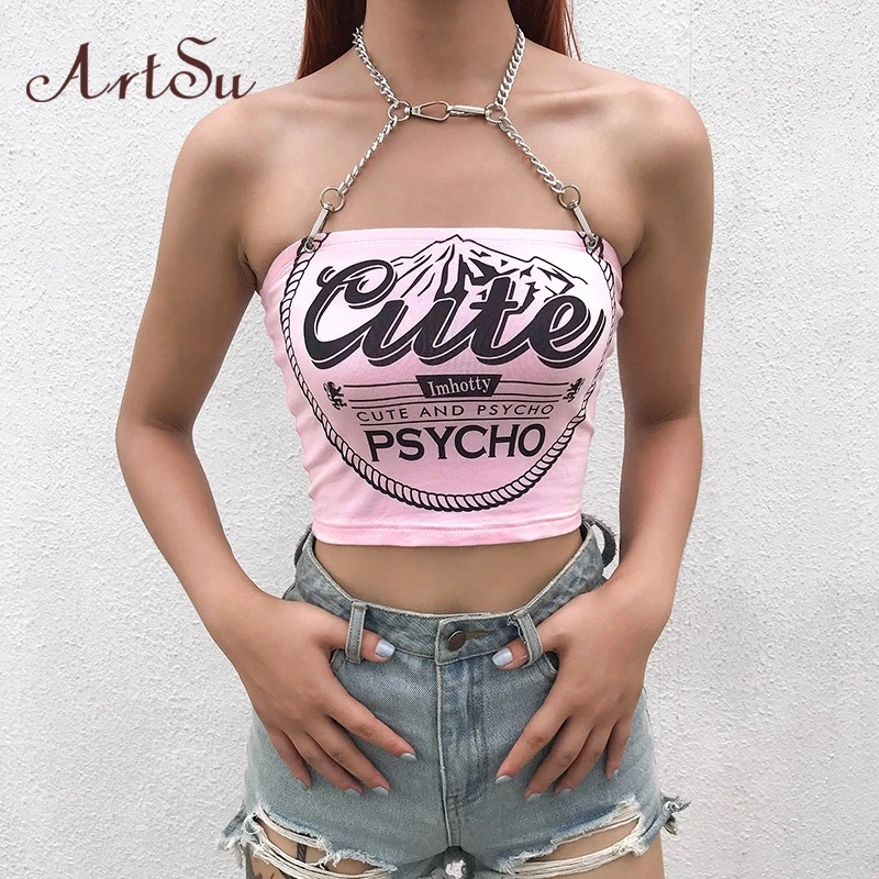 Арцу печатных цепи Топ Холтер Сексуальная спинки Croptop Лето Без Рукавов Для Женщин Cami Топ Harajuku розовый жилет уличная одежда ASVE20738