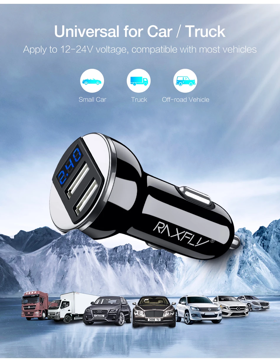 USB raxfly автомобильное зарядное устройство для Xiaomi автомобильное зарядное устройство USB зарядное устройство для автомобиля Быстрая зарядка для iPhone samsung huawei светодиодный дисплей 5 В/2,4 А