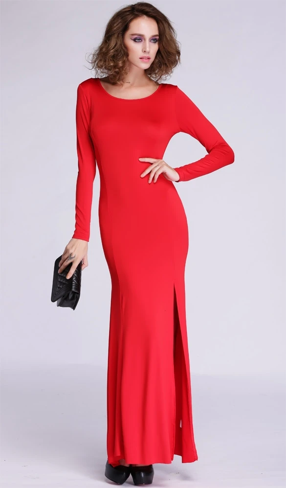 New Fashion O-neck Long Sleeve Full Length Bifurcated Shape Bodycon Women Dress Polyester Spandex Maxi Prom SV011184#23F | Женская