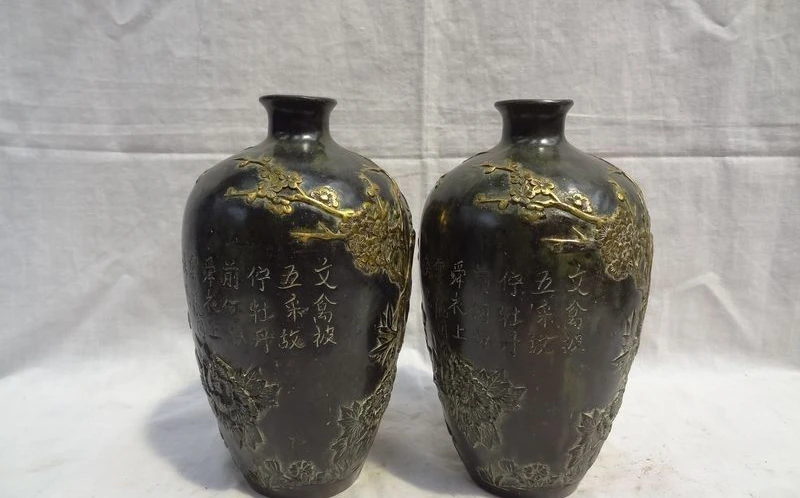 8 &quotКитайский Бронзовый Свинка Птица 2 Сорока Сосна Статуя HanZi Горшок Ваза Пара