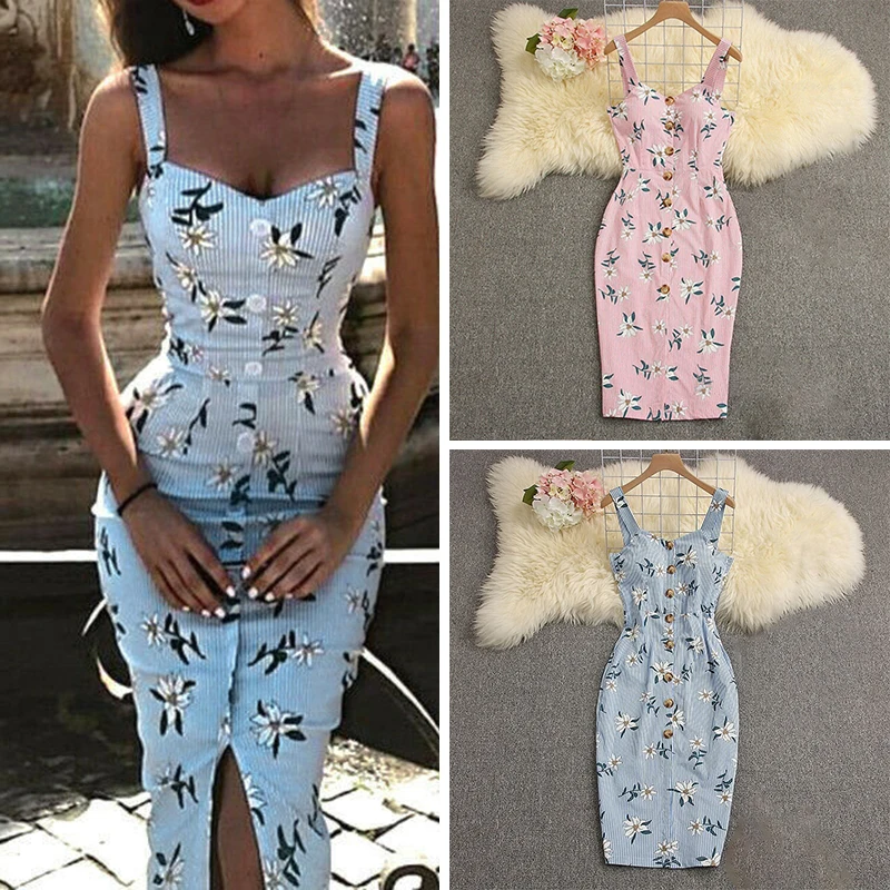 Летнее платье на бретельках в стиле бохо ретро с разрезом пуговицах цветочным