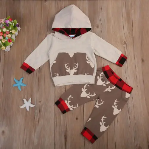 2018 2pcs Autumn Clothes Newborn Baby Boy Plaid Patchwork Long Sleeve Hooded Sweatshirt Tops Cartoon Deer Pants Outfit Set |