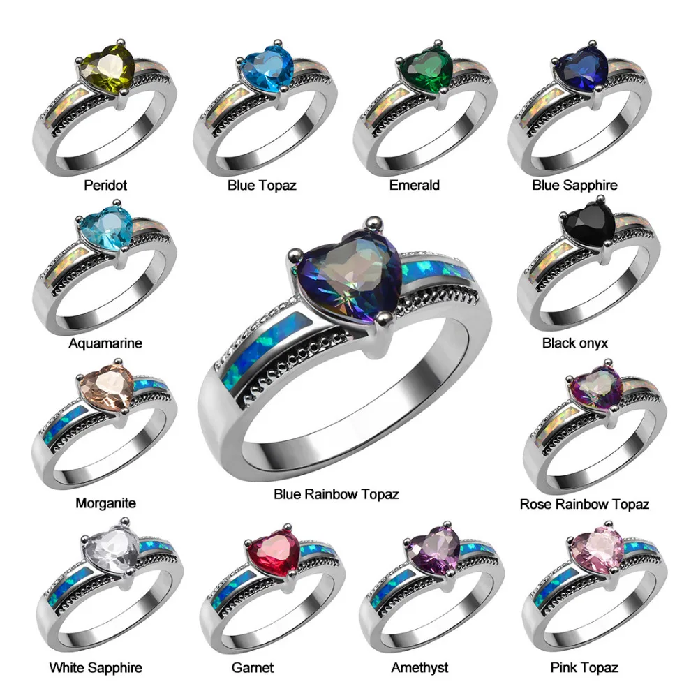 

White Light Blue Crystal Zircon Garnet Morganite Black onyx Opal Ring 925 Sterling Silver Ring Size 6 7 8 9 10
