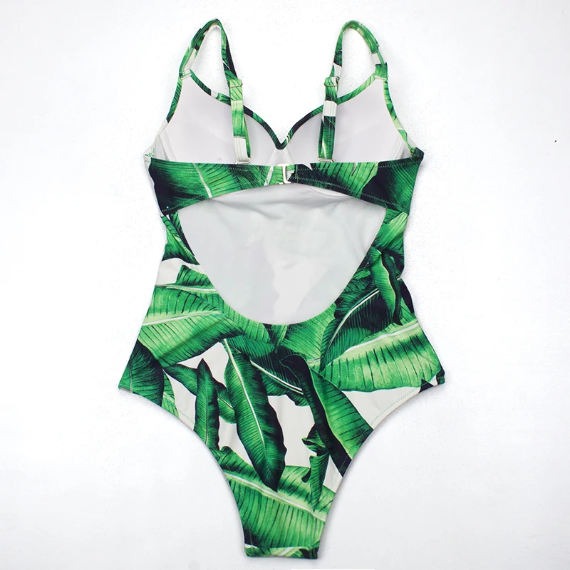 Женский купальный костюм ESSV зеленый слитный купальник с принтом листочков