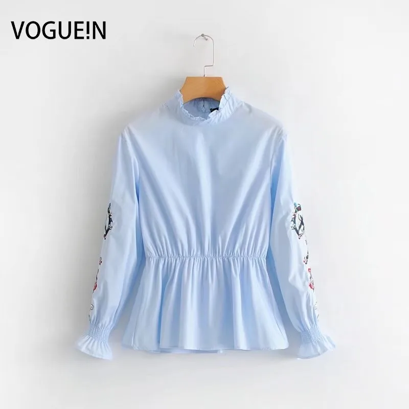 VOGUEIN Новая женская вышитая с длинным рукавом синяя английская Блузка-пуловер