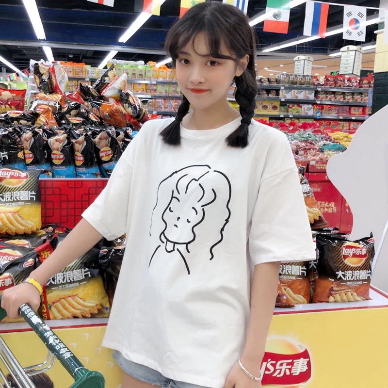 Летние женские свободные футболки с мультяшным принтом для девушек корейские