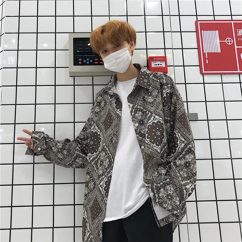 2019 Осень Новый японский Harajuku минималистичный винтажный принт Свободная рубашка