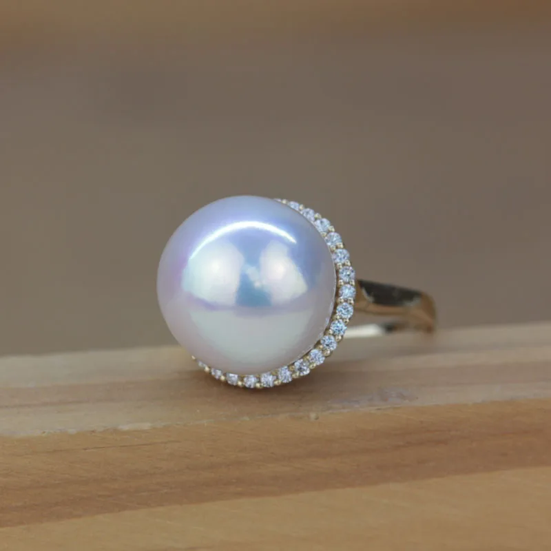 

wedding Women Gift word 925 Sterling real Orphan Edison pearl ring 13.6mm large Aurora pearl ring round domineering