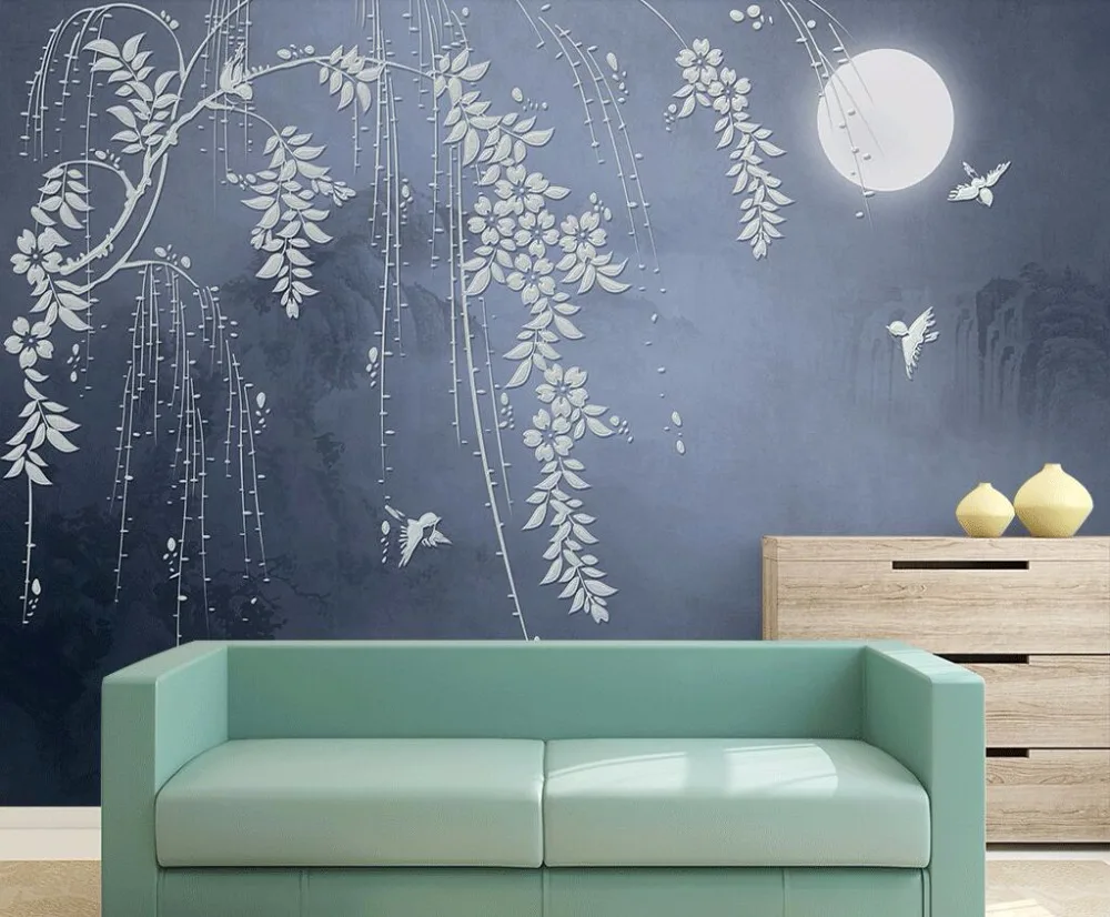 Обои на заказ китайский классический цветок ротанг лунный свет диван ТВ фон