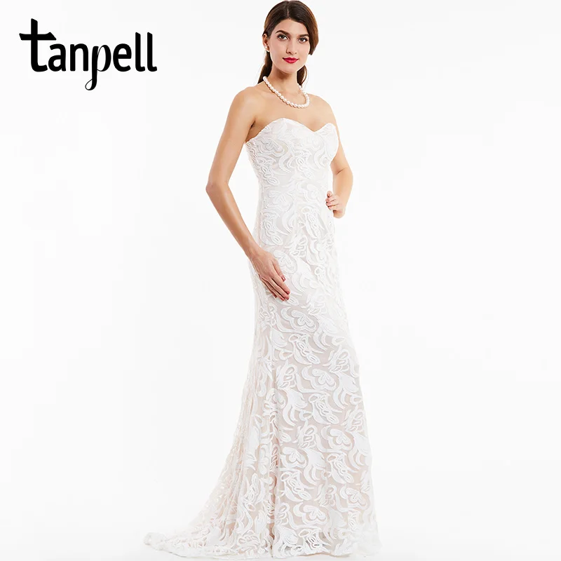 

Tanpell long ivory evening dress cheap women sweetheart sleeveless lace floor length a line gown party formal evening dresses