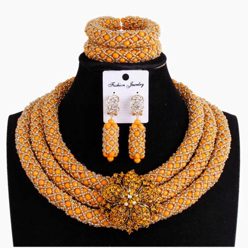 Costume Wedding Jewelry Sets Crystal Orange &amp Gold Womens Necklace Jewellery 3 Layers Handmade African Nigerian Beads Set | Украшения и