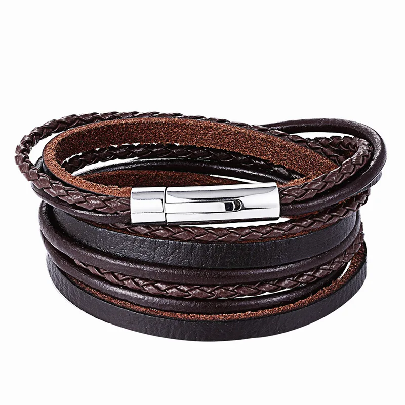 XiongHang Fashion Multilayer Genuine Leather Bracelet Men Jewelry Stainless Steel Bangle Punk Braid Black Brown Chain Bracelet
