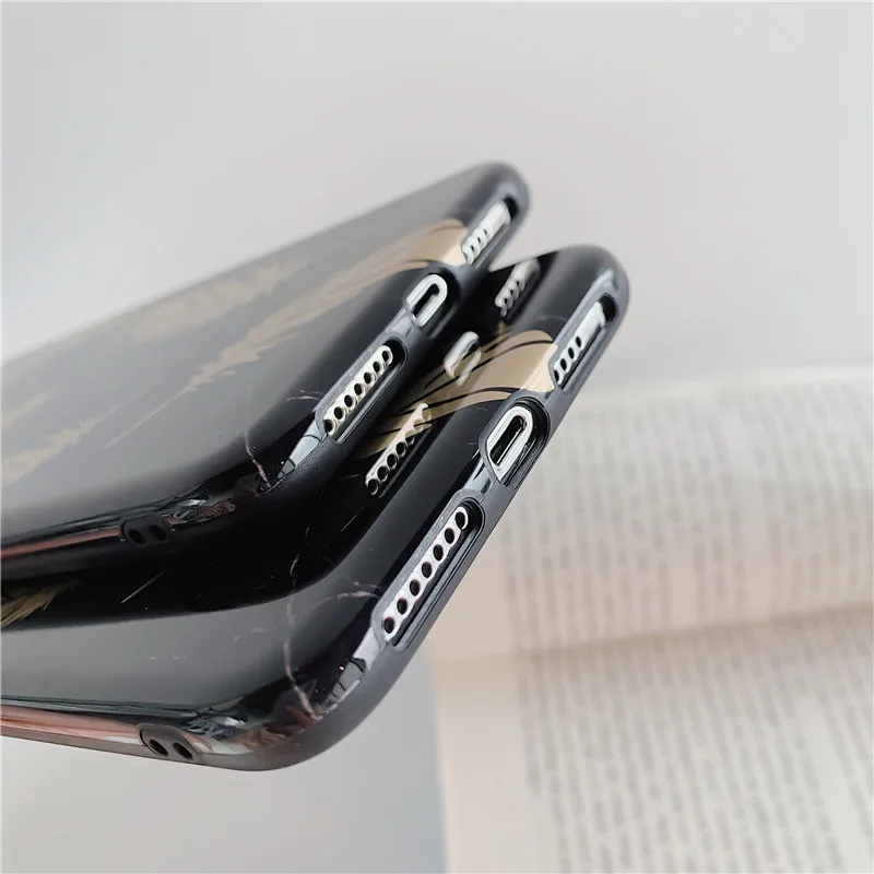 FLYKYLIN Gold Feather Black Marble Case For iphone 6 S 7 8 Plus XS Max Cover Huawei P30 Pro P20 Lite Soft IMD Silicone Coque |