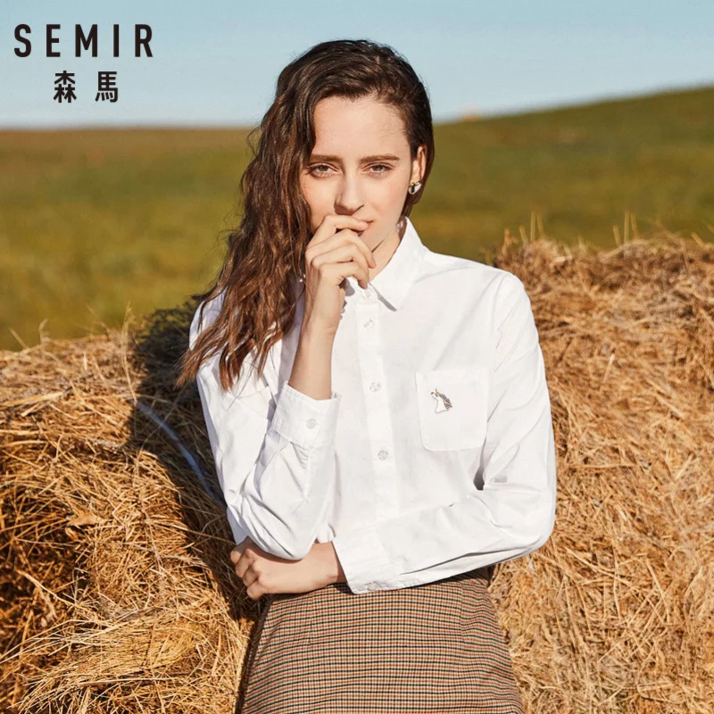 Женская блузка SEMIR 100% хлопок приталенная вышитая рубашка нагрудный карман