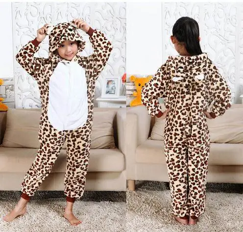 Leopard Детские пижамы кигуруми с изображением животных и панды; Детские фланелевые пижамы с рисунком единорога для мальчиков и девочек; вечерние пижамы для костюмированной вечеринки; пижамы для подростков - Цвет: Leopard