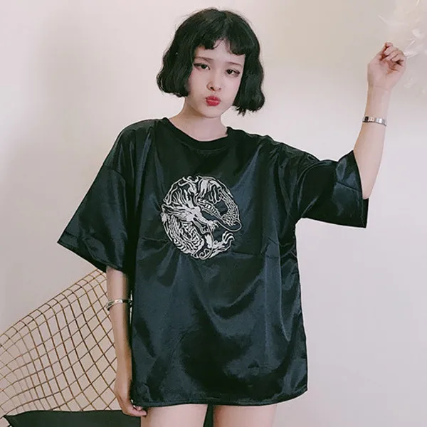 Женская летняя футболка Топ 2019 корейский стиль Ulzzang Harajuku винтажная вышивка