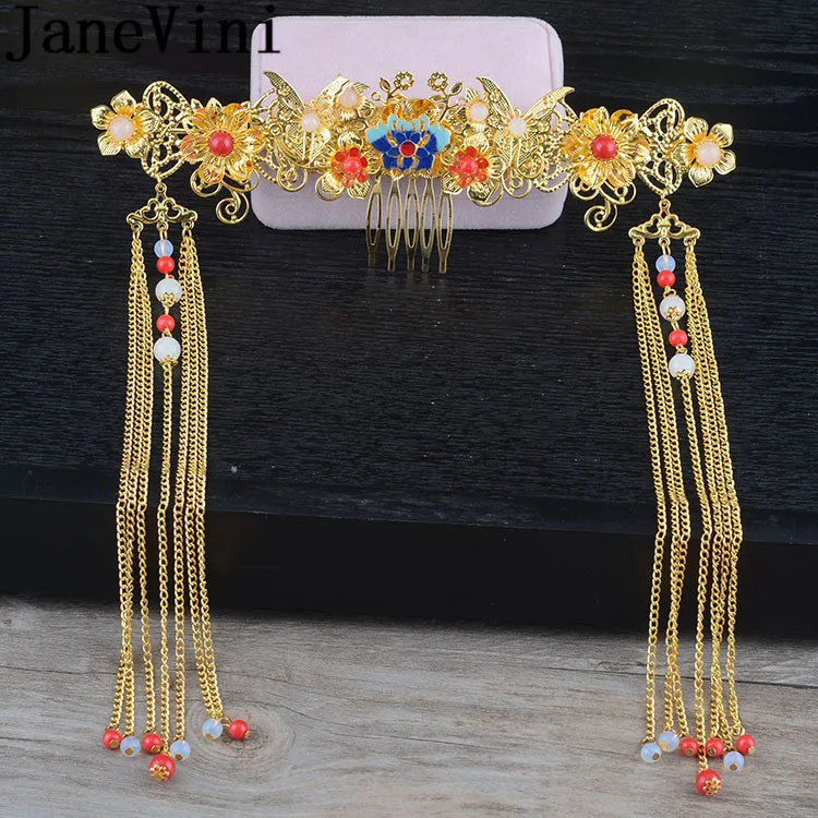 JaneVini традиционная металлическая лента для волос Китайский Стиль золотой бисер