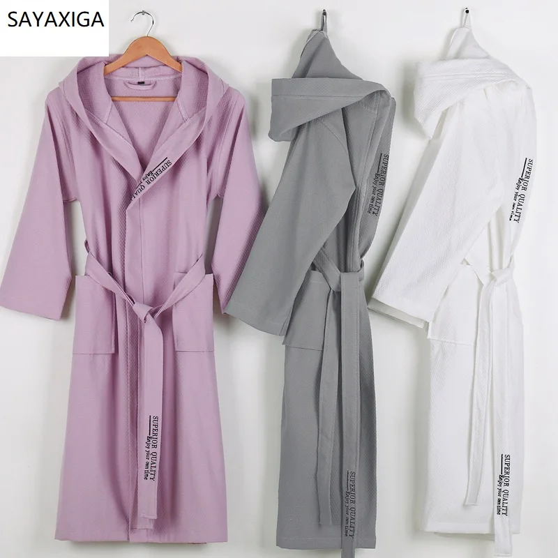 

Cotton Waffle Bathrobe Summer Long Hooded Bridesmaid Men Robe Bride Male Kimono String Bathrobes Couple Loose Home Dressing Gown