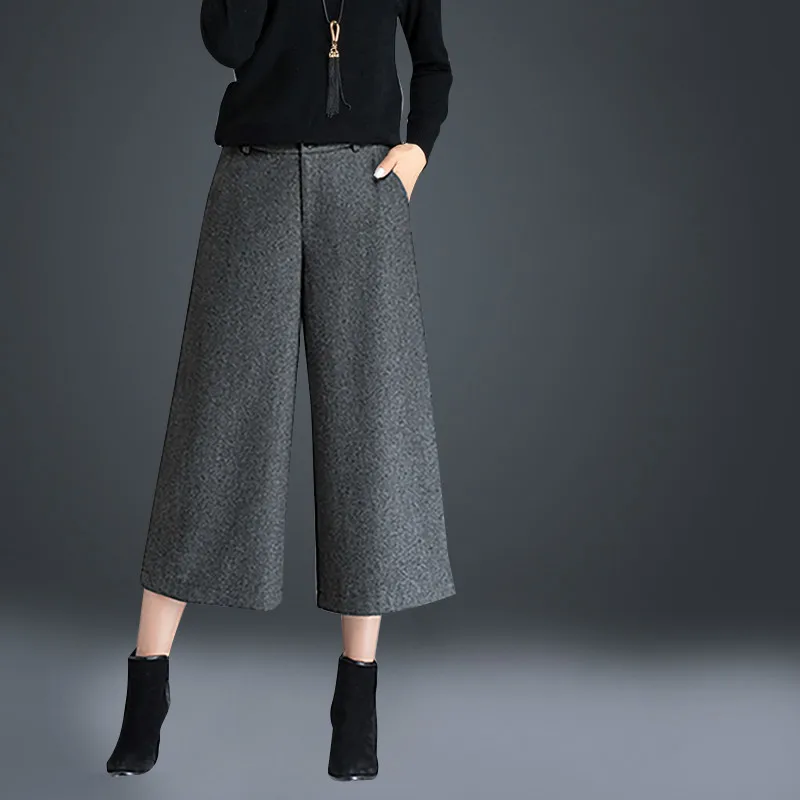 2020 Autumn and Winter Wool High Waist Women's Pants Wool Wide Leg Pants Straight Pants Women's Cropped Pants Suit velvet cropped hoodie and pants twinset