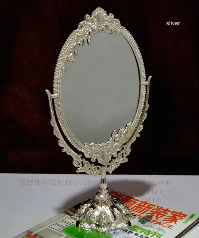 antique double face silver alloy metal makeup dressing table desktop standing cosmetic mirror embossed frame makeup tool 330A