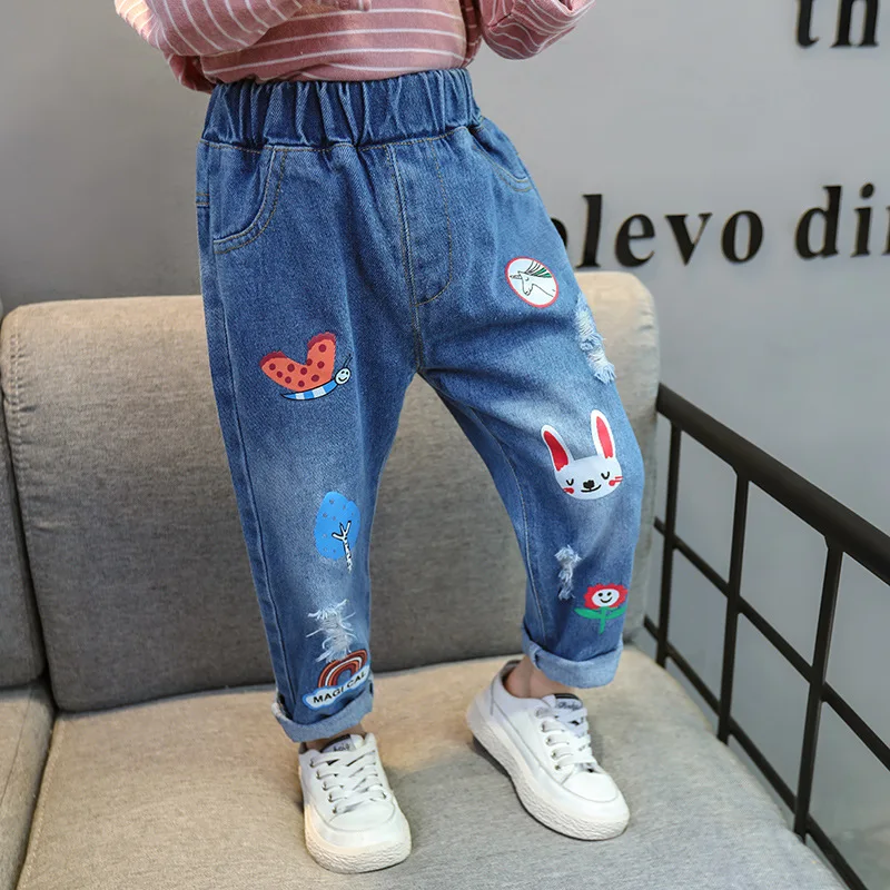 Джинсы для девочек весенние новые детские джинсовые штаны с рисунком Детские