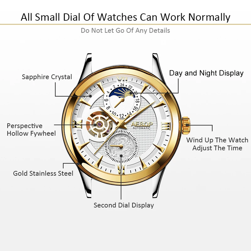 Часы AESOP Moon Phase Мужские автоматические механические модные золотые наручные часы