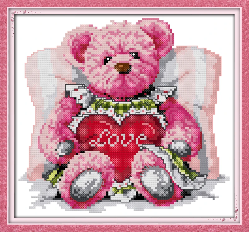 

Pink bear cross stitch kit 14ct 11ct count print canvas stitches embroidery DIY handmade needlework plus