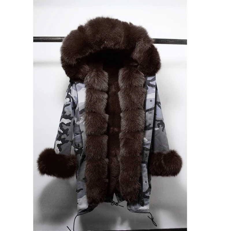 Новое модное женское камуфляжное пальто Капюшон большой мех лисы Длинные парки улица Меховой поклад Распродажа