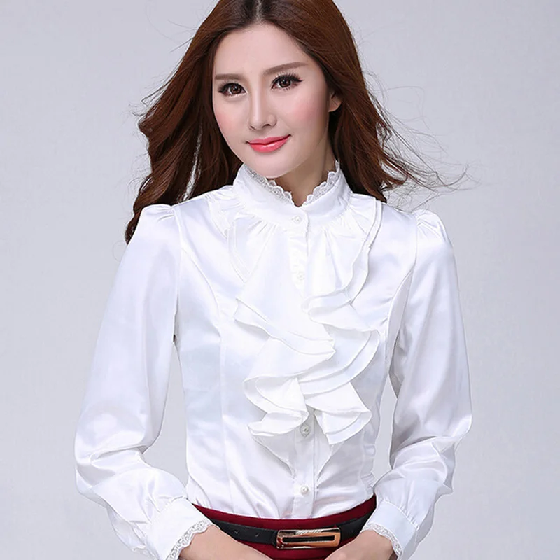 Классическая Женская белая шифоновая блузка с оборками большие размеры S-2XL OL