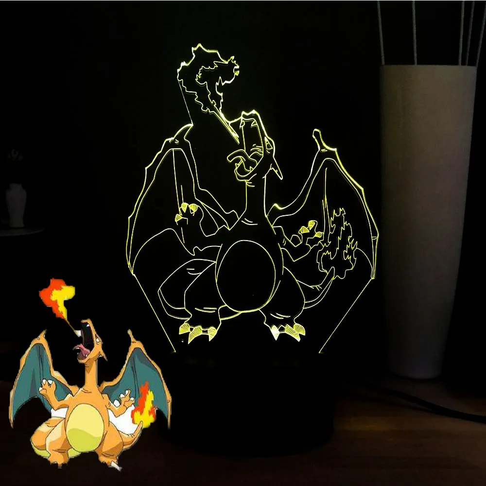 Cool Charizard RGB 7 цветов 3D иллюзия светодиодный ночник светильник Покемон USB