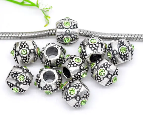 Doreenbeads Европейский амулет бусины барабан античное серебро светло зеленый горный