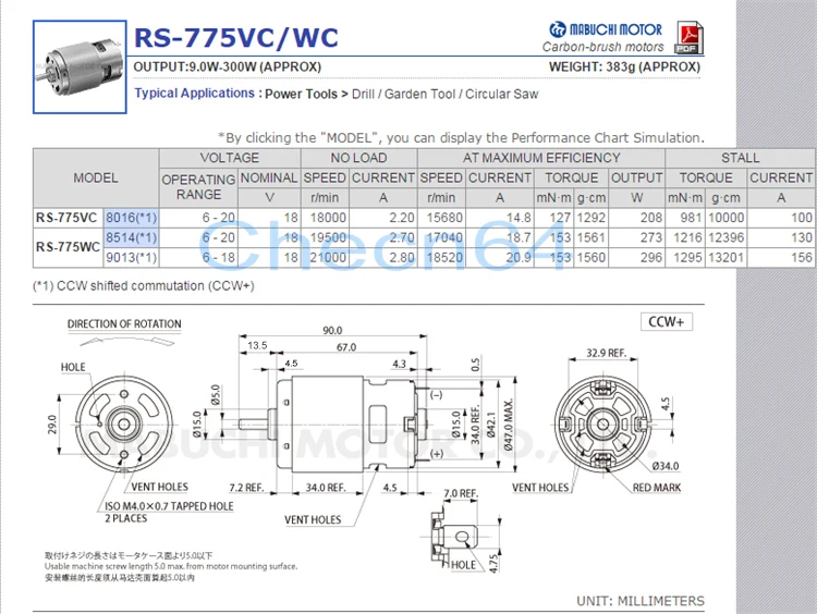 296 Вт Mabuchi RS-775WC-9013 775VC-8015 DC 12 В 18 в 2.8A 21000 вращения об/мин 775 высокоскоростной электродрель