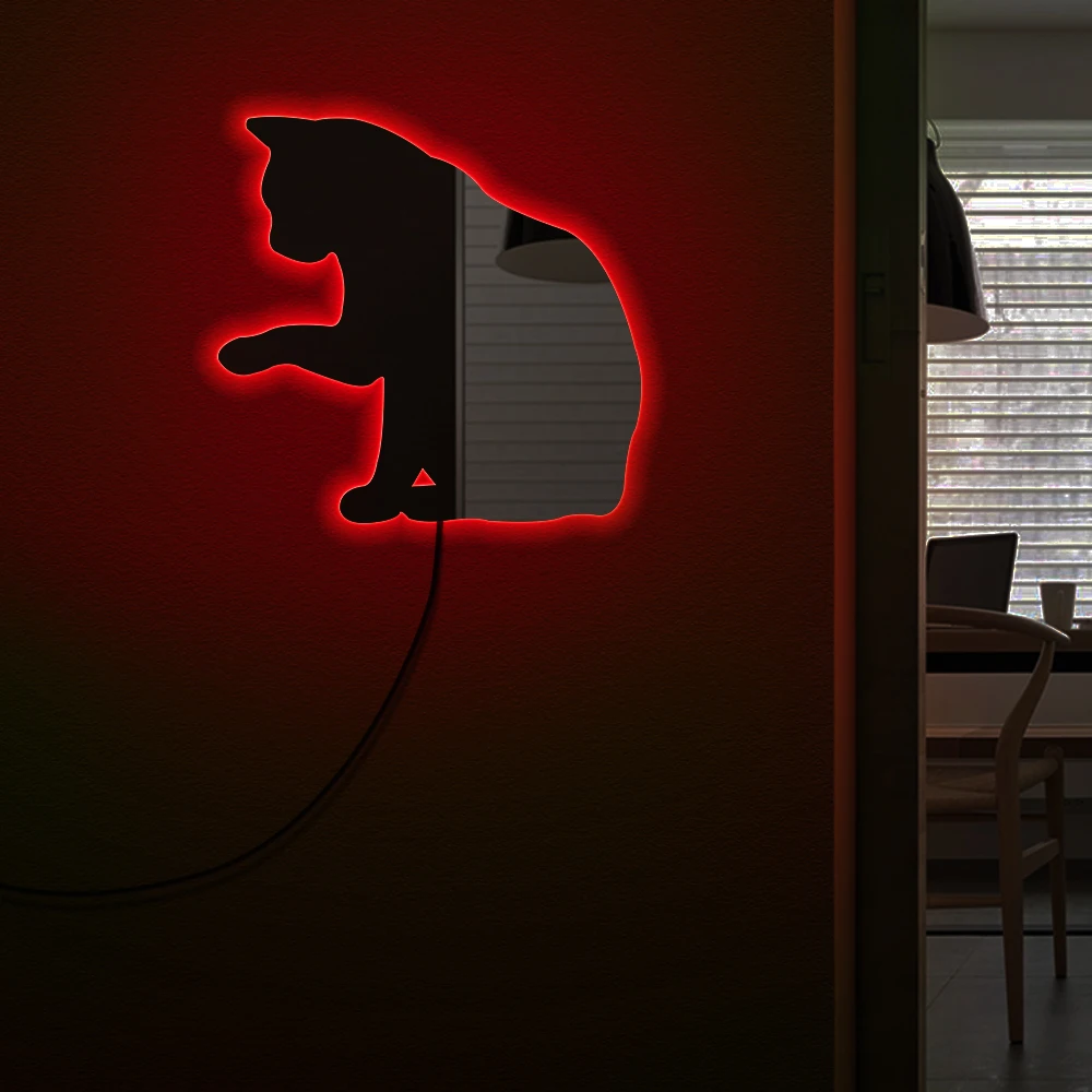 

Relaxed Cat Wall Mirror With LED Blacklight Kitten Cat Sitting Silhouette Decorative Mirror Girl Room Fashion Kitty Lovers Gift
