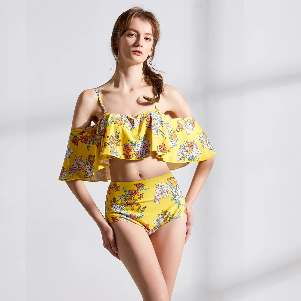 Желтый купальный костюм с цветочным принтом для женщин популярный купальник