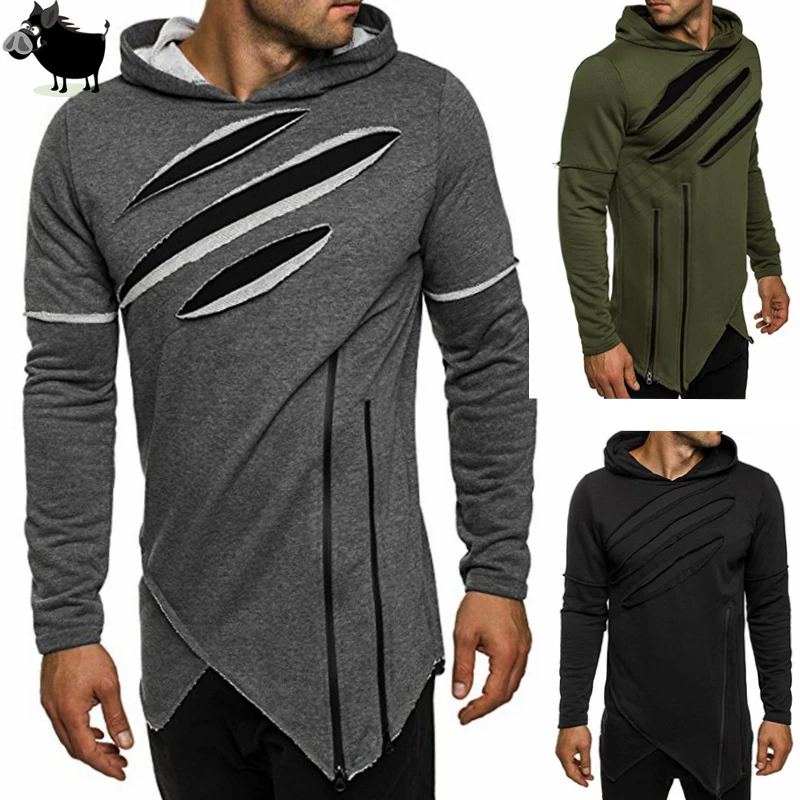 

Man Si Tun 2018 Fashion Winter/Autumn/Spring Men's Long Hooded Sweatshirts Zipper Longline Irregular Hiphop Destroyed Streetwear