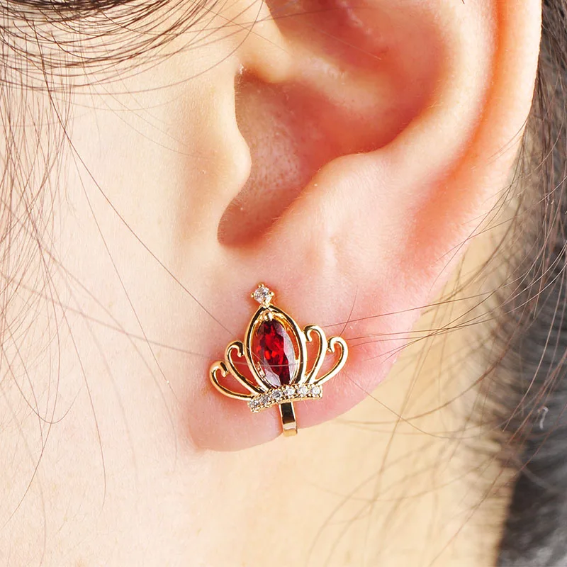 Женские серьги-клипсы с короной MECHOSEN золотистые серьги красным кристаллом без