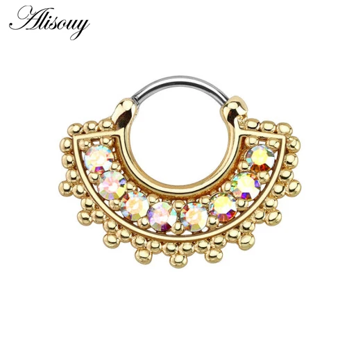 Alisouy 1pc Surgical Stainless Steel Sector Nose Piercing High Quality Zircon Septum Clicker Ring Stud Fashion Body Jewelry | Украшения и
