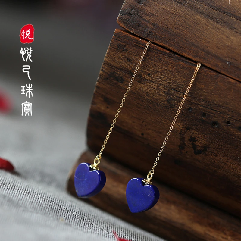 Серьги для женщин золотого цвета в форме сердца из натурального Lapis Lazuli|earrings