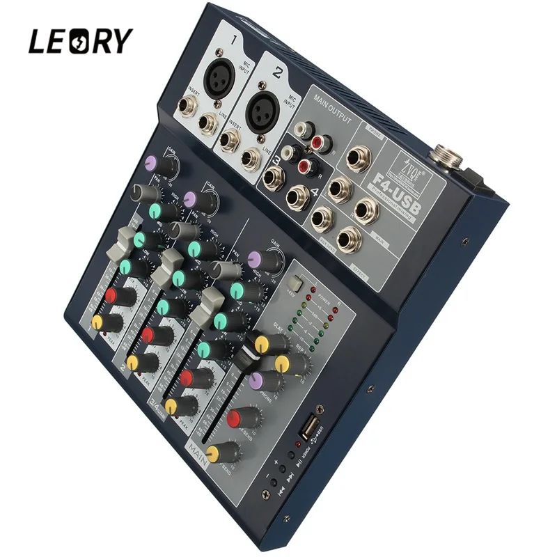 LEORY Mini 4 канальный DJ звуковой микшер контроллер со встроенным усилителем металлический DJ Mezclador USB DJ консоль для аудио караоке
