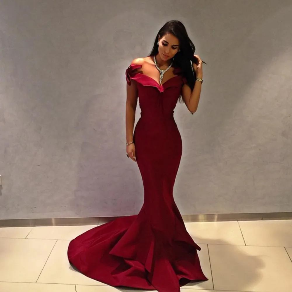 

Elegant Dark Red Mermaid Evening Dresses Boat Neck Off The Shoulder Long Prom Gowns 2020 Simple Formal Occasion Dress For Women