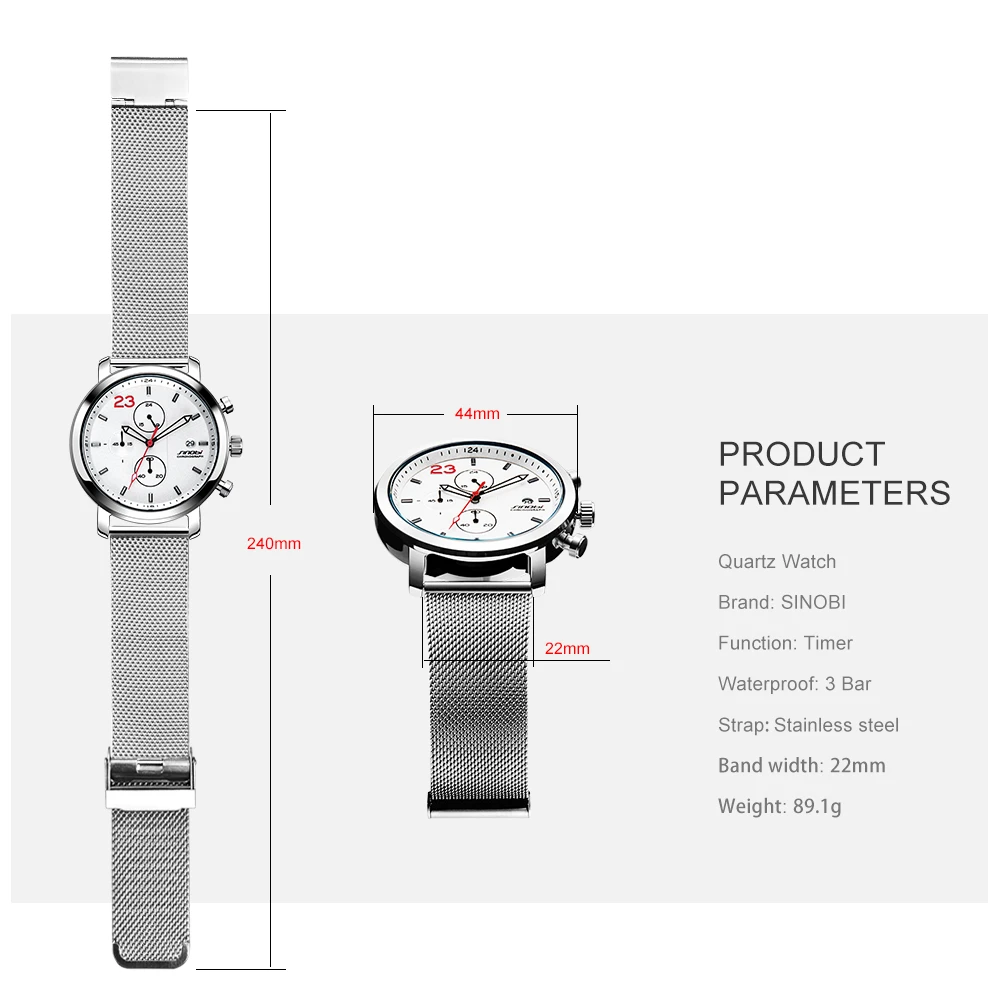 SINOBI Watch Men's Wristwatches Male Sport Brand Luxury Milan Strap Chronograph Men Wrist Clock Man Relogio Masculino | Наручные часы