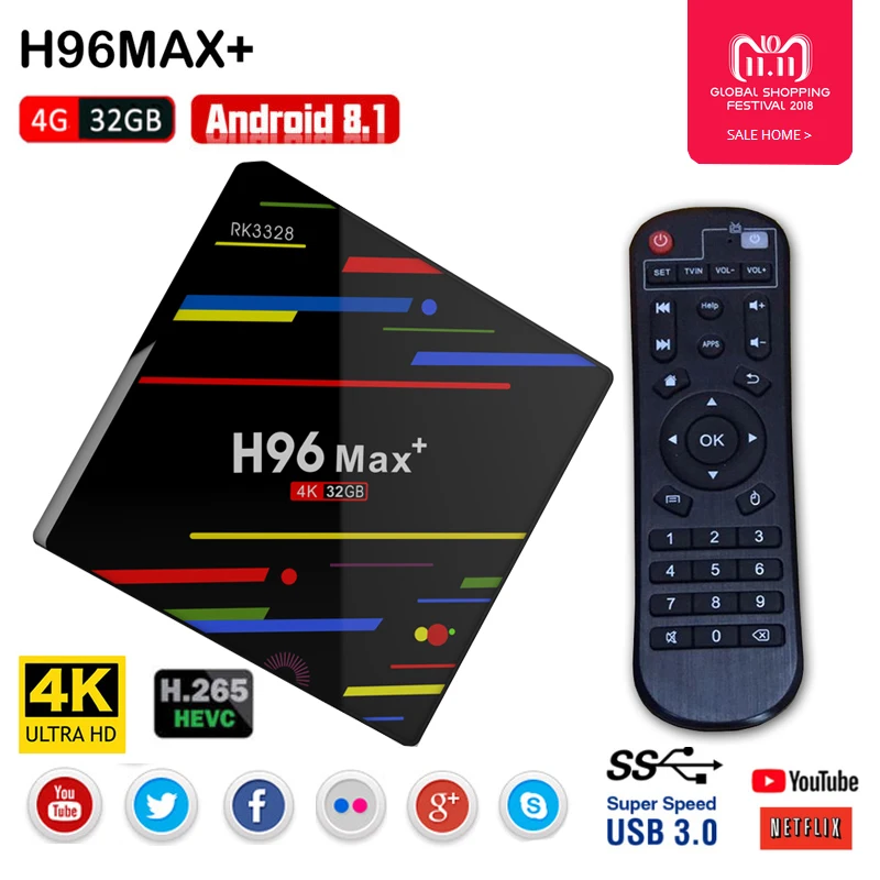 H96 MAX Plus Android 8 1 ТВ коробка RK3328 4 ядра ГБ + 32 USB 3 0 Smart Box 2 ГГц Wi Fi 3D К к H.265 Декодер
