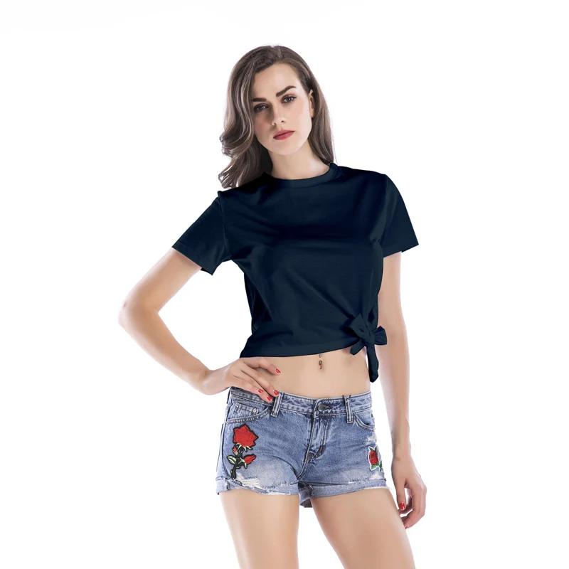 Летняя Сексуальная короткая футболка женская однотонная с круглым вырезом