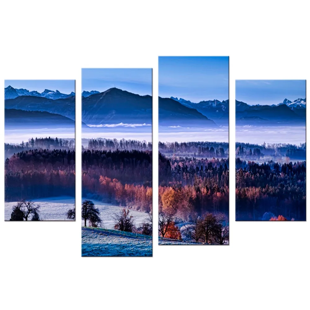 4 Pcs/set nature landscapes mountains trees forest wood winter snow seasons sky clouds fog Home Decoration Canvas Poster Print | Дом и сад