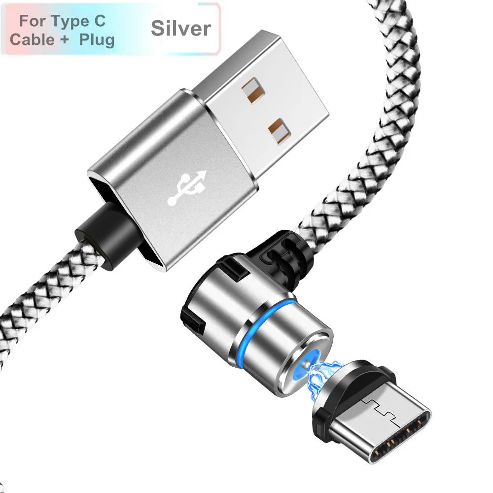 OLAF светодиодный магнитный кабель USB 90 градусов для iPhone XS samsung S9 Xiaomi huawei Быстрая зарядка Магнитный Micro usb type c кабель usbc - Цвет: Silver Type C Cable