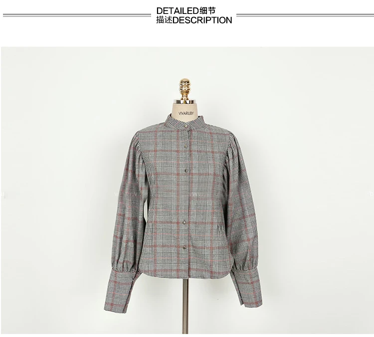 JSXDHK New Fashion Autumn Woemn Blouse Office Lady Plaid Long Lantern Sleeve Formal Back Bow Stand Collar Shirt Tops