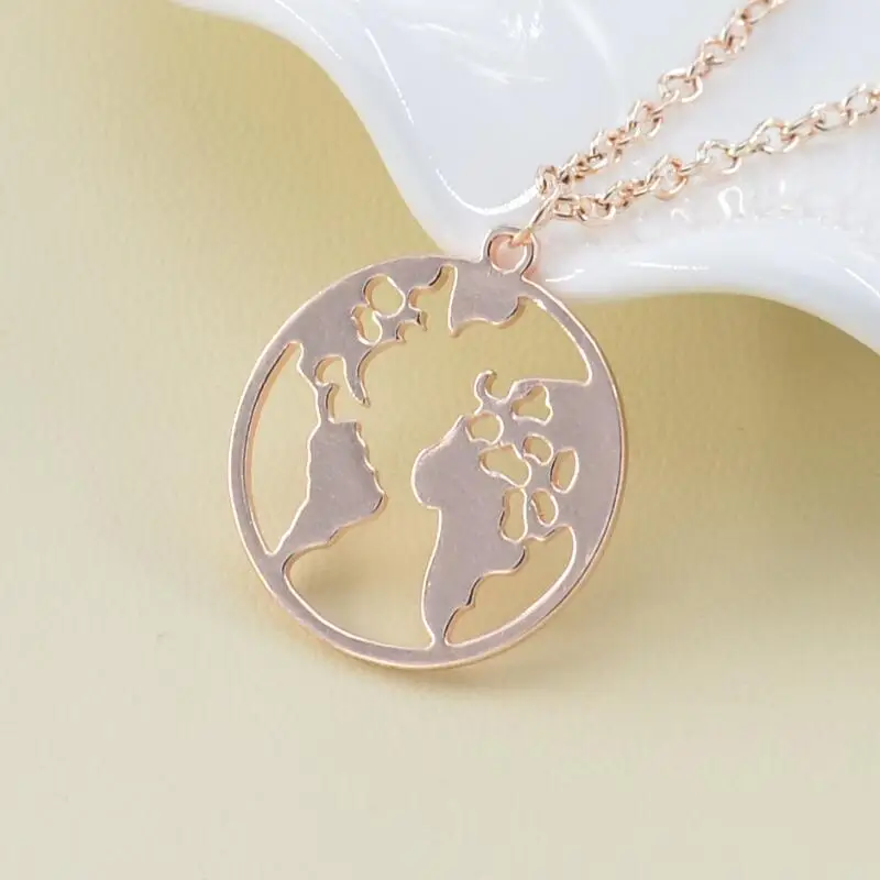 Rose Gold Necklace Мир кулон карта Цепочки и ожерелья для путешествий друг Для женщин девочек Подарки Металлический украшения, посвященные тематике земля Цепочки и ожерелья s Boho красивые украшения воротники Горячие - Окраска металла: Rose Gold Necklace