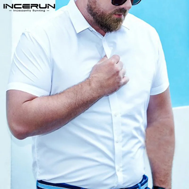 INCERUN, повседневная мужская рубашка с коротким рукавом, однотонная, летняя, дышащая, модная, мужская, деловая рубашка, облегающая, топы, сорочка, S-5XL
